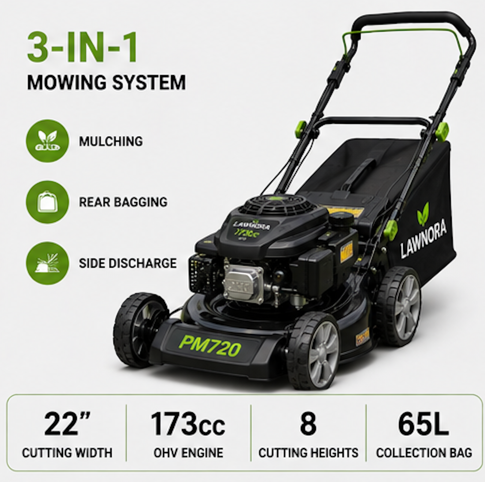 Lawnora PM720 Commercial Push Lawn Mower β 22-Inch Steel Deck, 173cc OHV Gas Engine, 3-in-1 Mulch, Bag & Side Discharge - Image 5